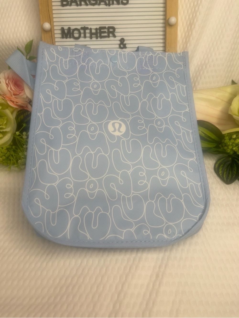 Lululemon Reusable Tote Bag Unisex Size 16x13.5" Blue Logo Print Snap Closure